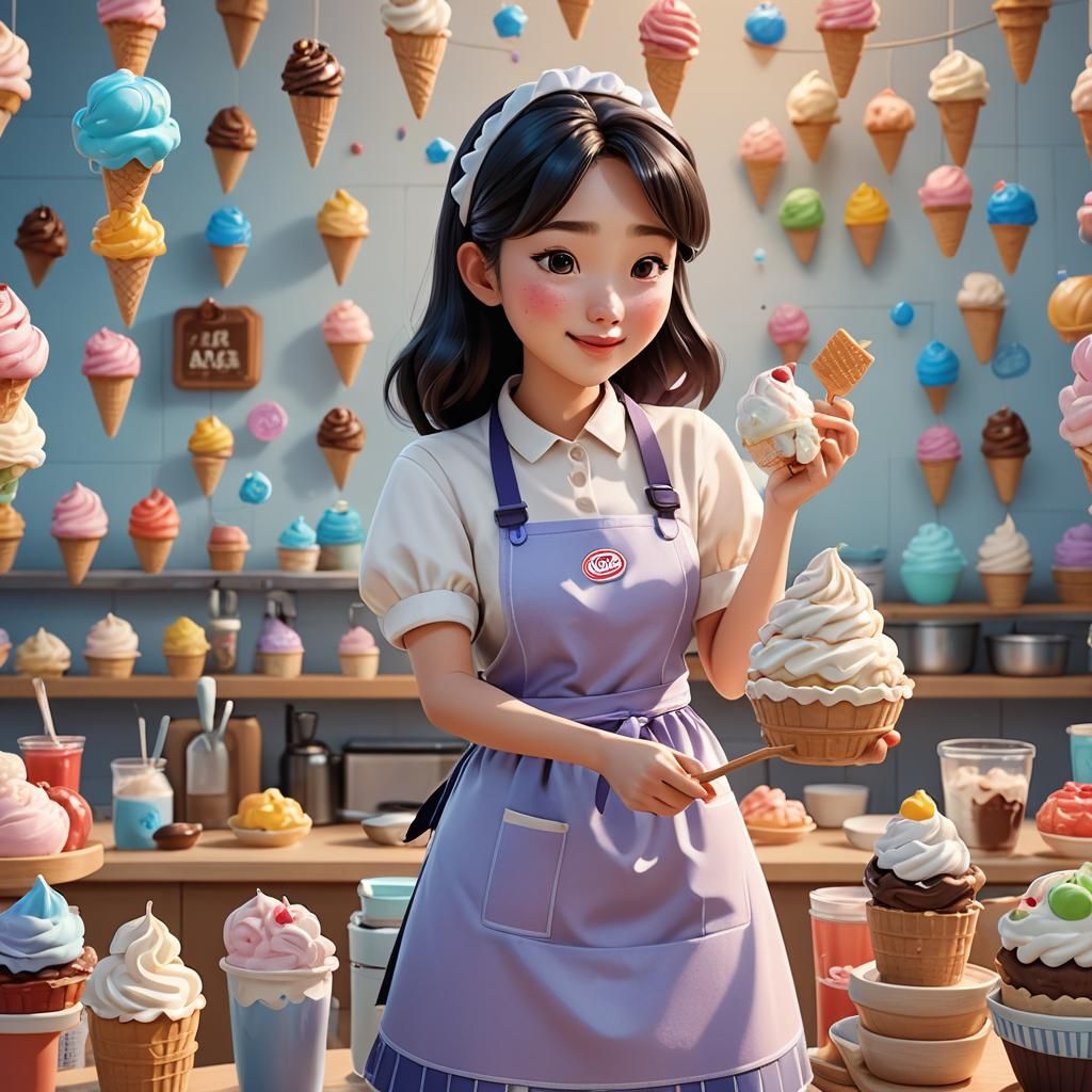 Korean Girl Making Ice Cream in Pixar Style