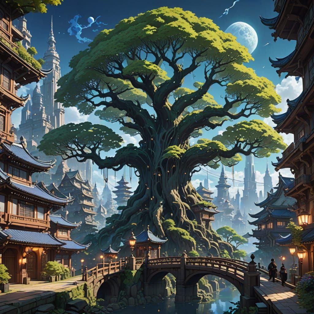 A Majestic Tree Forms the Heart of a Vibrant Anime City