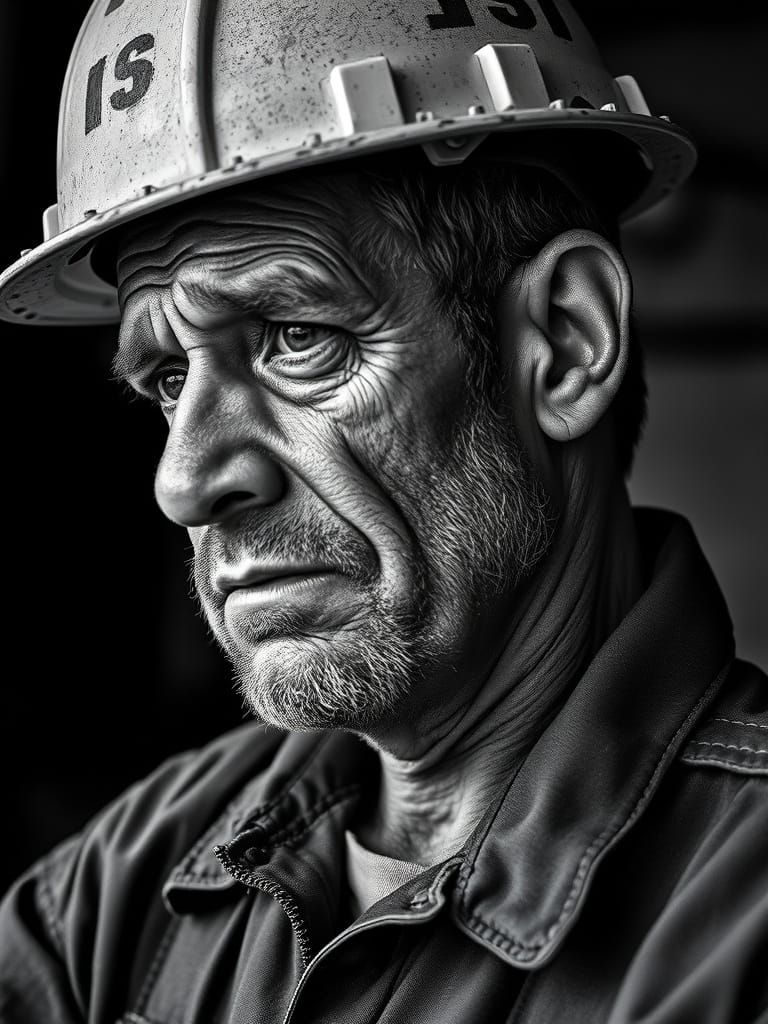 Weary Oil Driller in High-Contrast Black and White