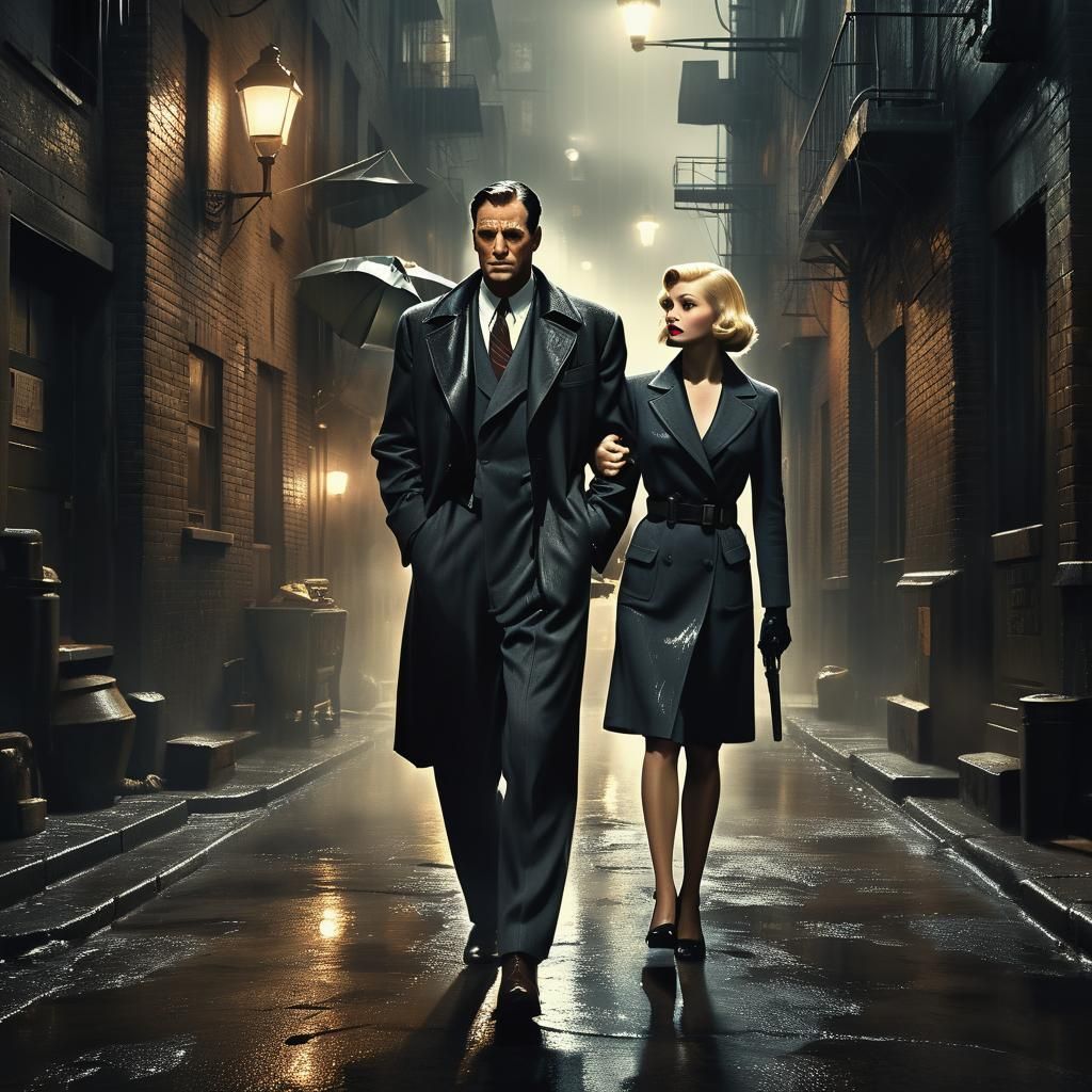 Film Noir: Detective Meets Blonde in Rainy Alley