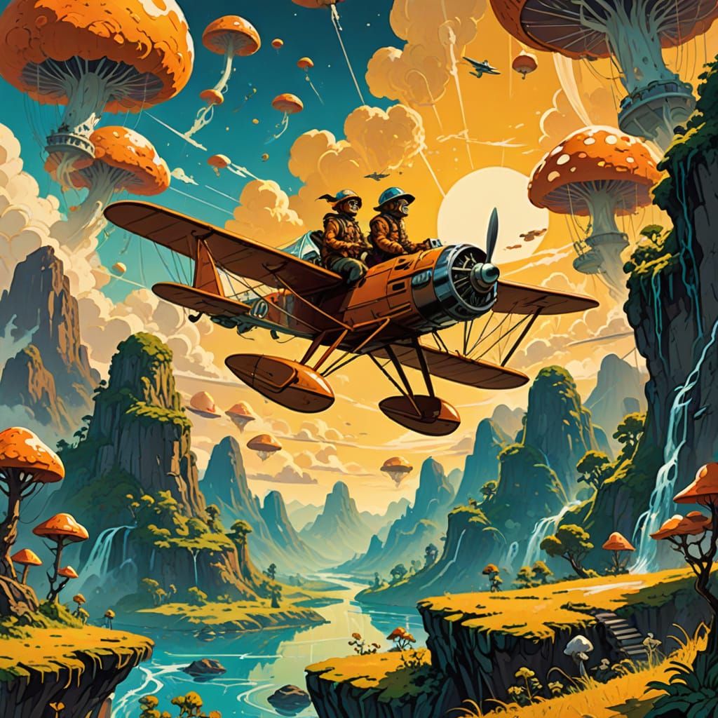 Anthropomorphic Wolf Pilot Flies Biplane Over Fantasy Landsc...