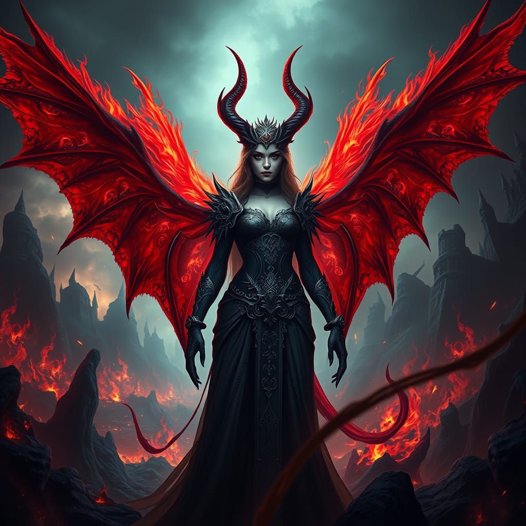Regal Demon Princess in Hellish Landscape Art