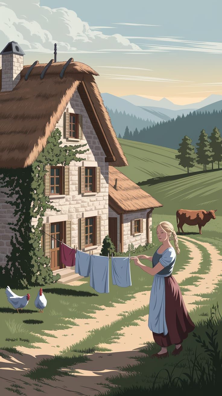 Idyllic Eastern European Village Scene in a Whimsical Art St...