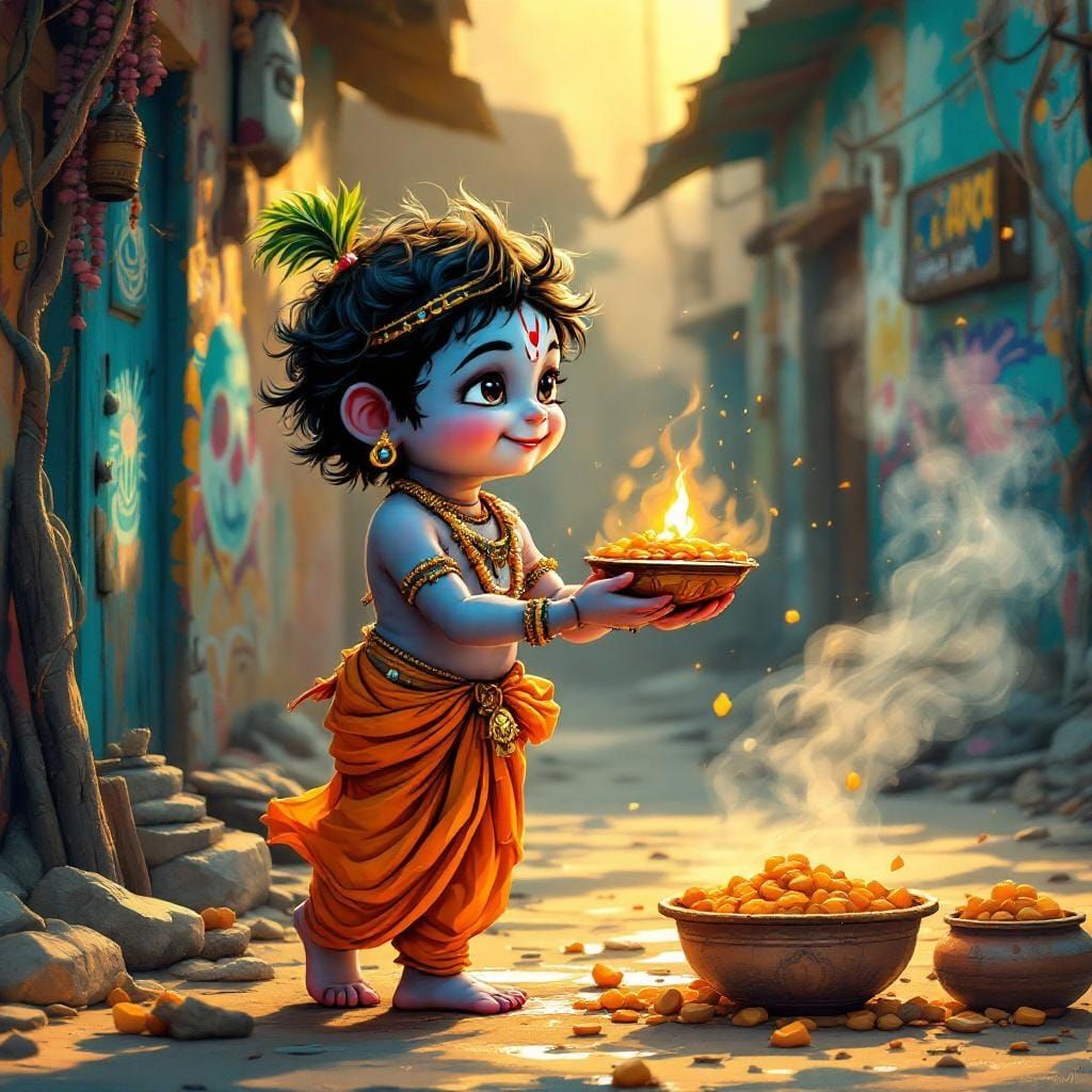 Krishna Carries Dahi Handi in Vibrant Street Art