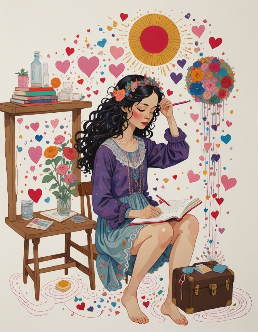 Whimsical Girl Writes in Heart-Shaped Journal Amidst Dreamy ...