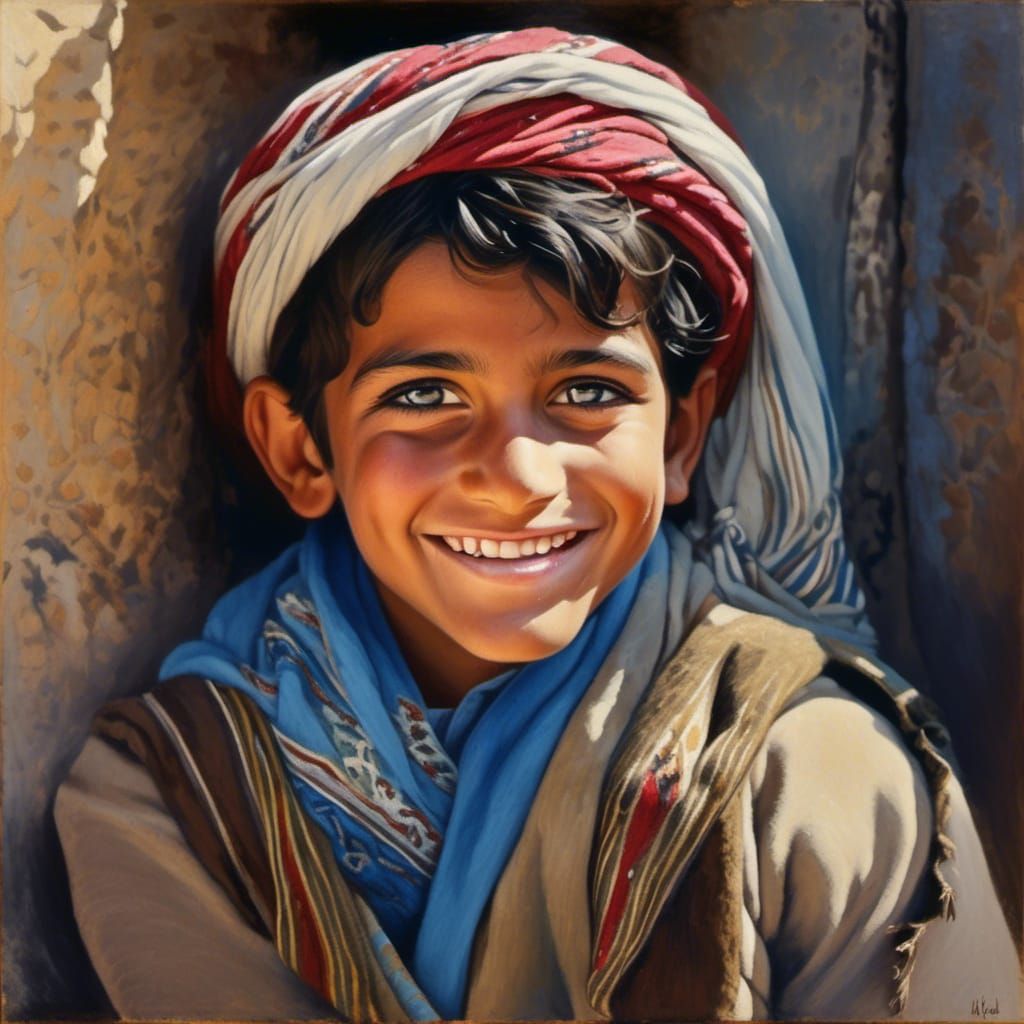 Intense Blue Eyes: Portrait of a Smiling Afghan Boy