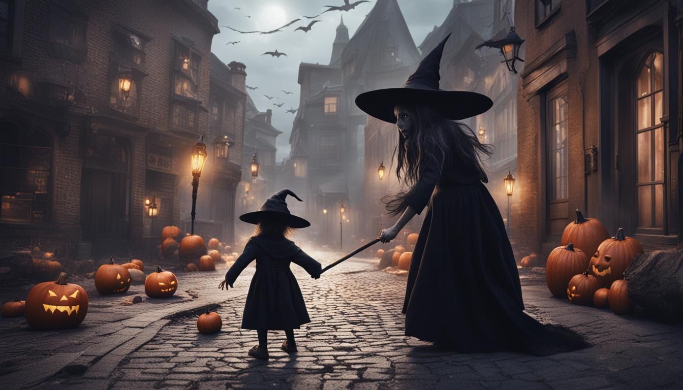 Frightening Witch Scares Child in City