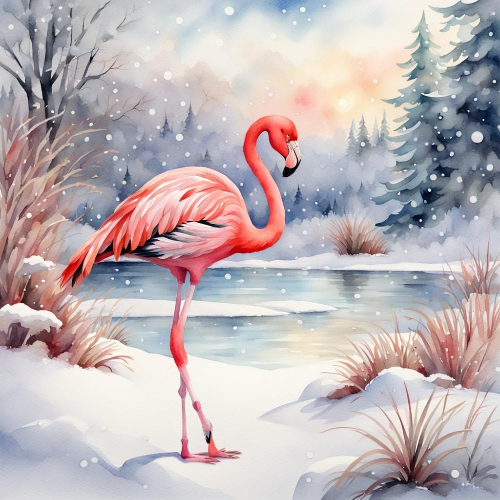 Flamingo's Snowy Holiday: A Watercolor Dream
