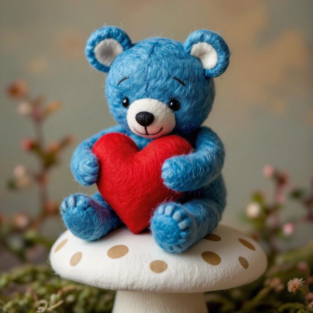 Fuzzy Blue Bear with Mismatched Ears Hugs Heart Pillow on Po...