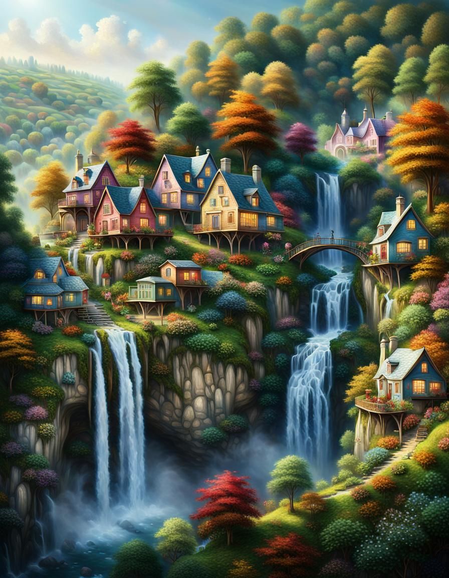 Teacup Village on Wooded Hillside: Hyperrealistic Digital Ar...