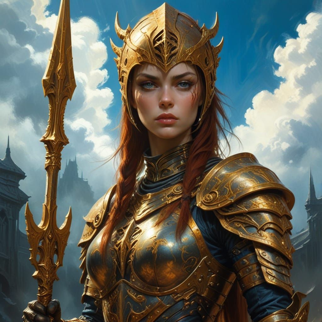 Majestic Female Knight Charges Forward in Triadic Colors