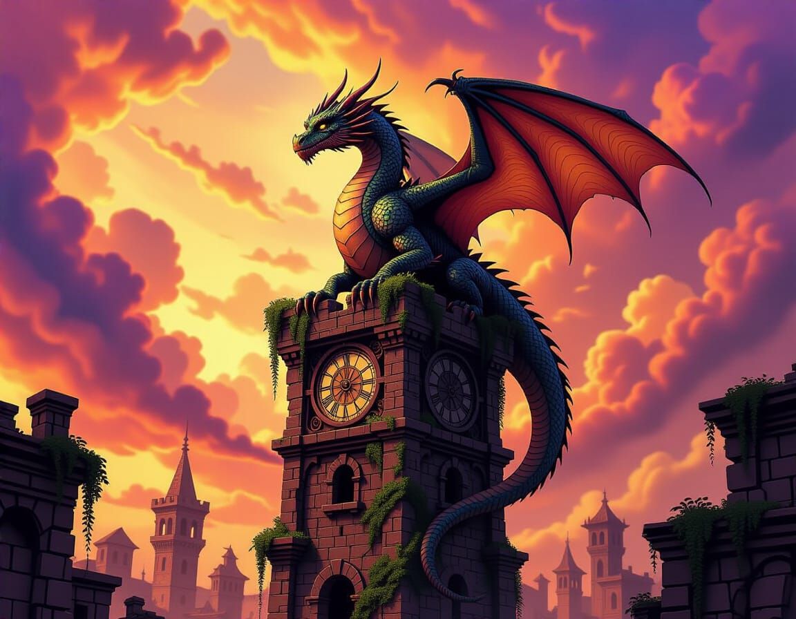 Dragon Perched on Overgrown Clock Tower