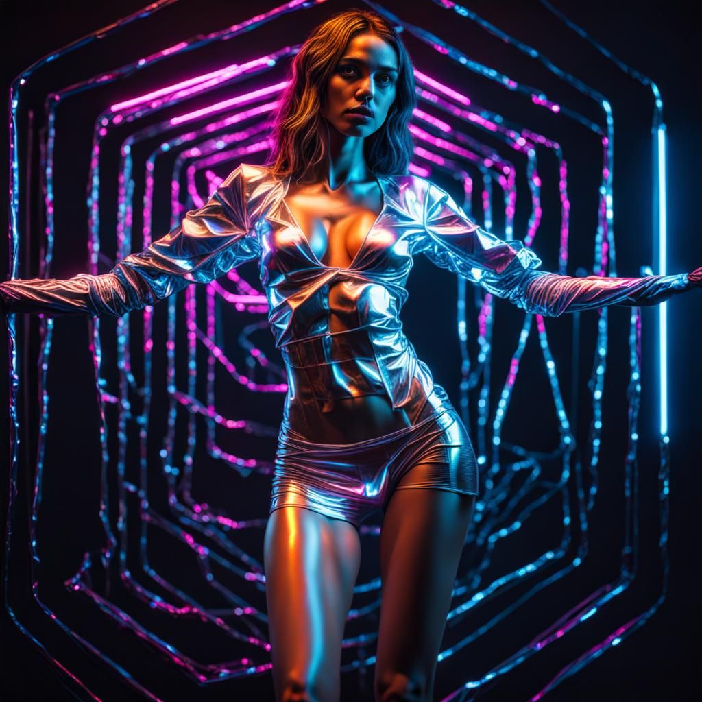 Neon Lit Aluminum Foil Figure, Hyperrealistic Photo