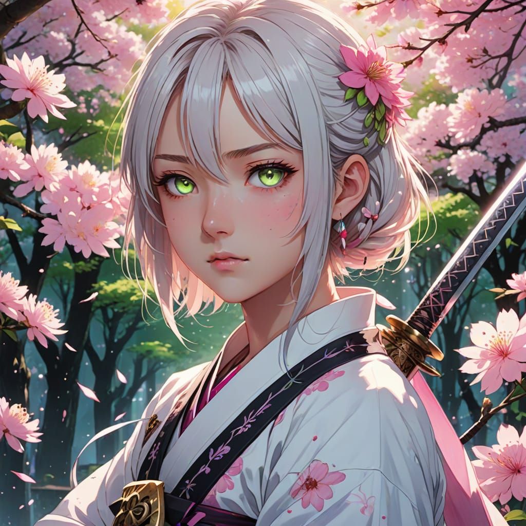 Anime Girl Portrait with Sword and Neon Green Eyes