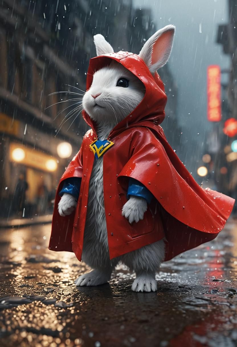 Brave Rabbit in a superhero raincoat (Juggernaut XI Lightning)