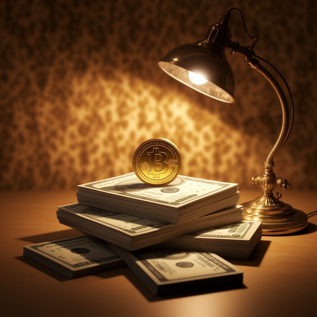 Golden Coin Amidst Crumpled Bills in Warmly Lit Study