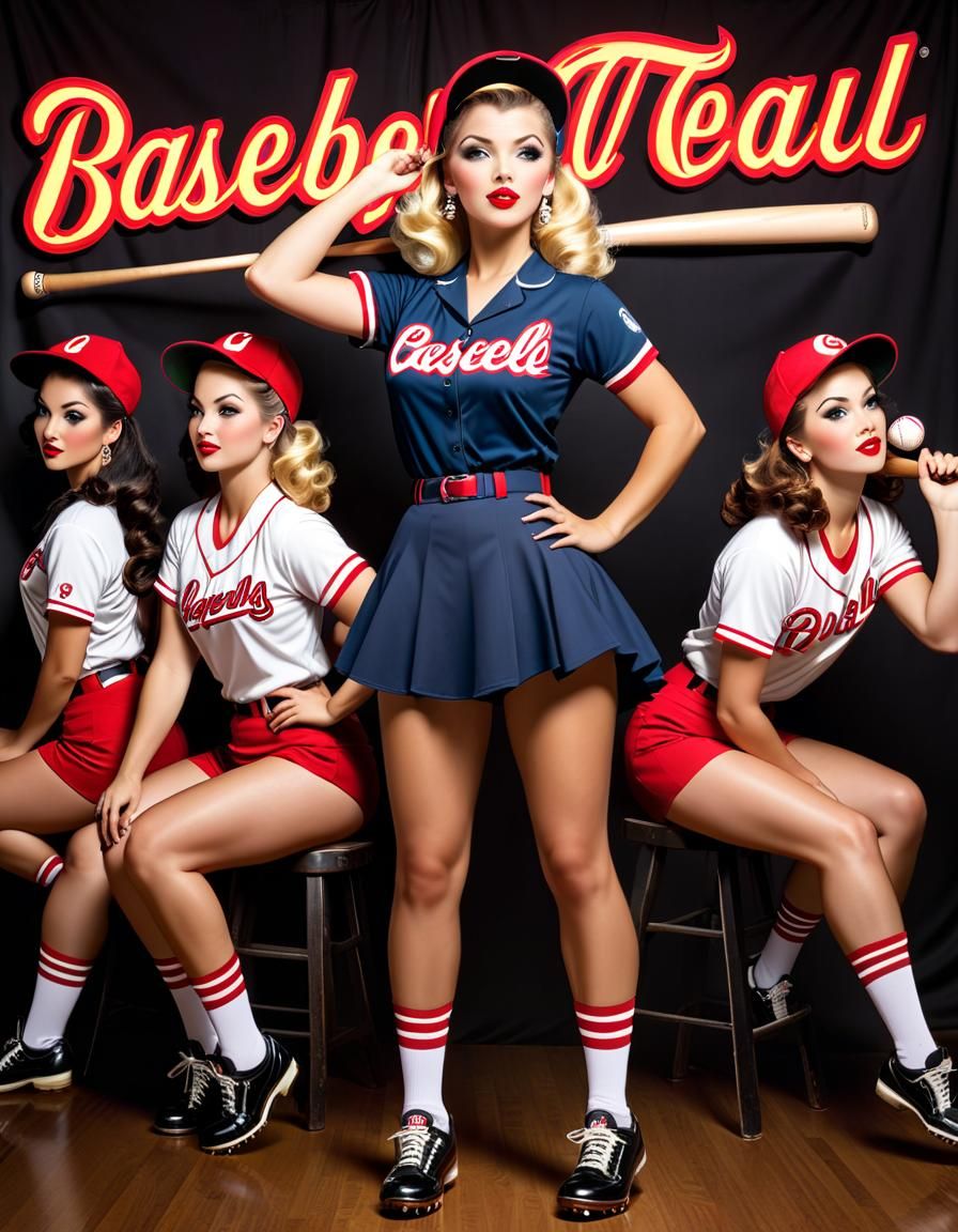 Women's Baseball Team in Pin-Up Style