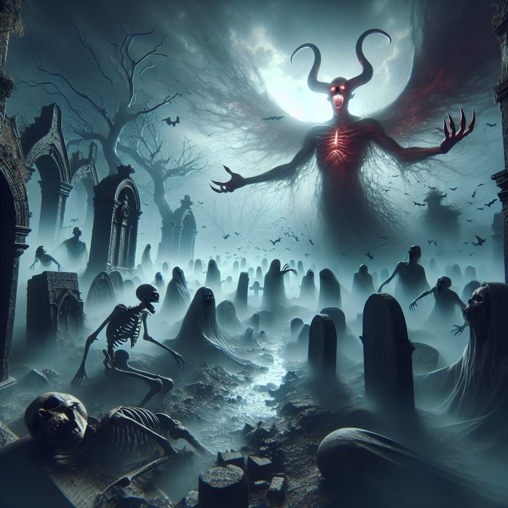 Medieval Graveyard Confronts Radiant Red-Horned Entity