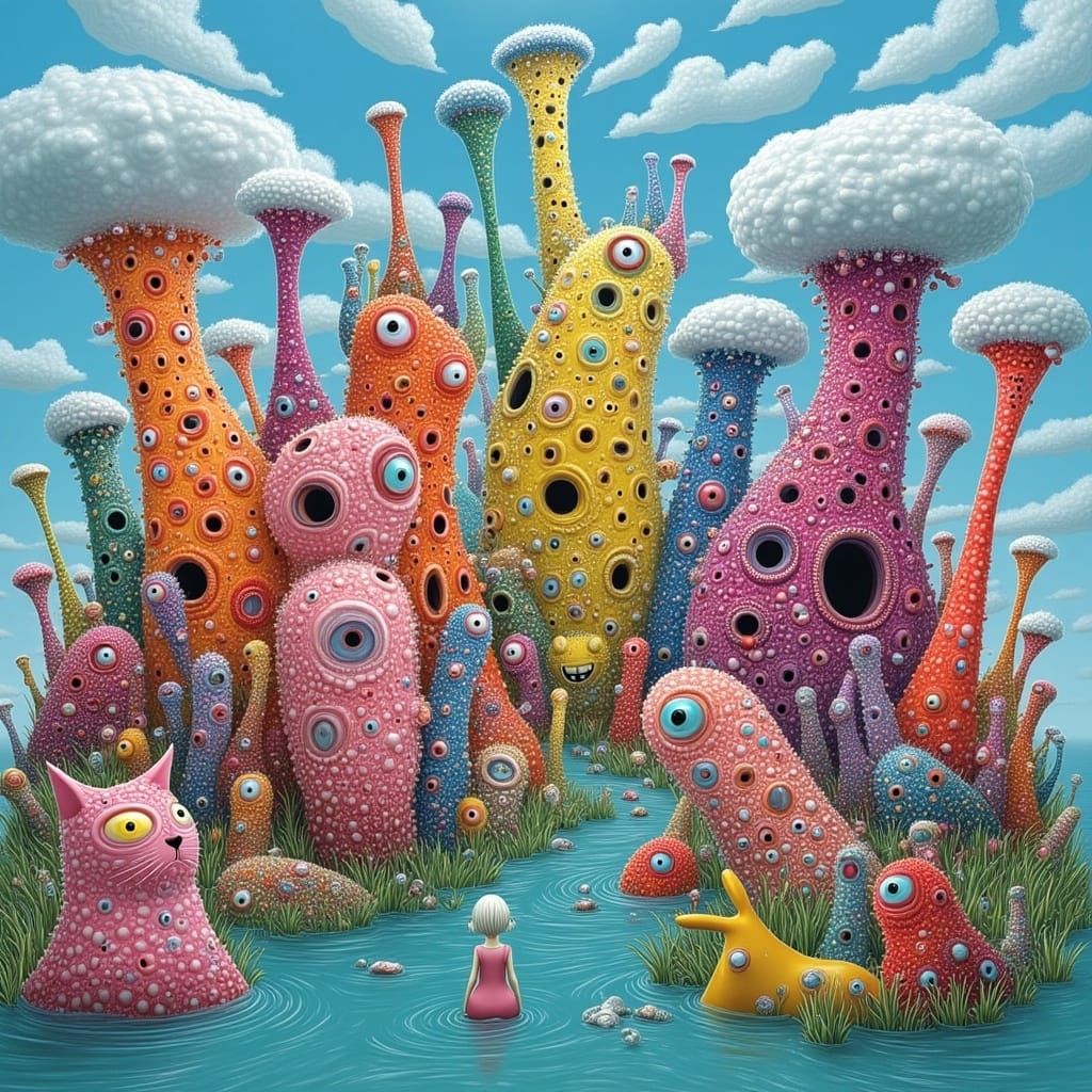 Whimsical Dr. Seuss Landscape with Stick Figures