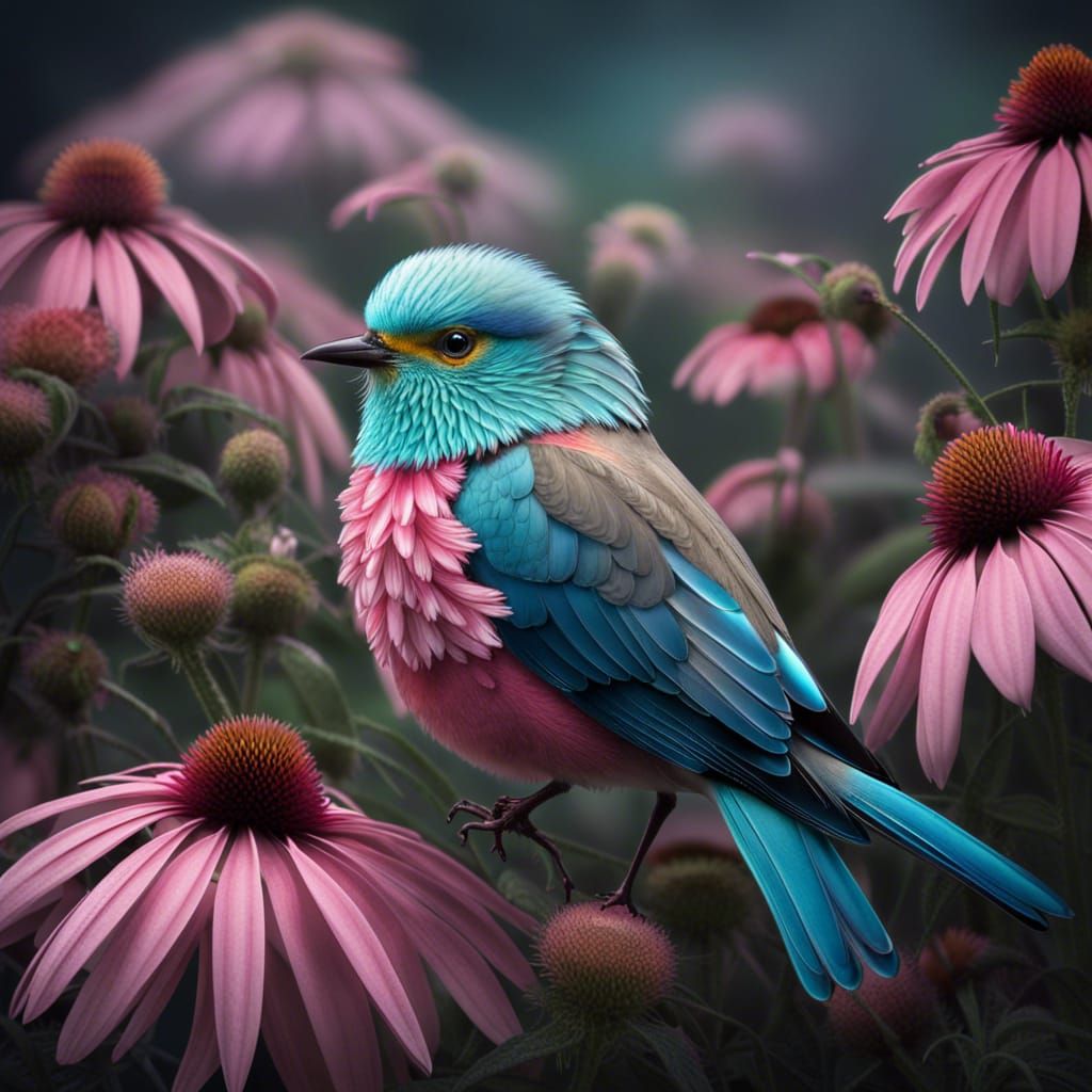 Hybrid Bird Amongst Echinacea, Hyperrealistic Image