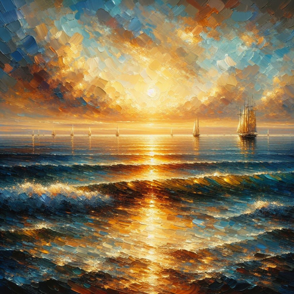 Serene Seascape Sunset Oil Painting