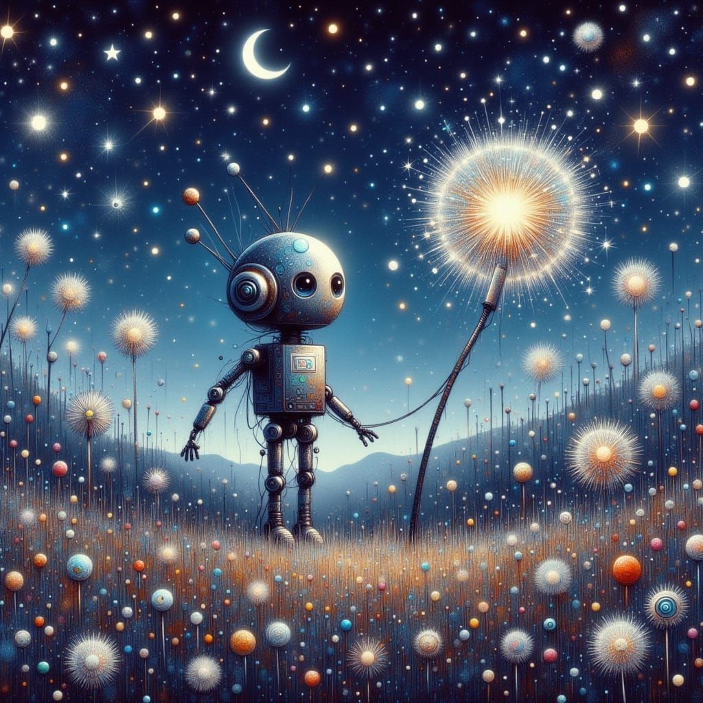 Robot Observes Glowing Dandelion in Post-Apocalyptic Night
