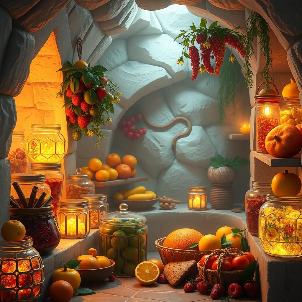 Enchanted Food Cellar with Glistening Fruit