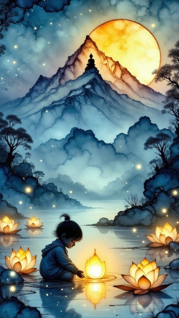 Himalayan Peak Reflected with Lotus Lanterns