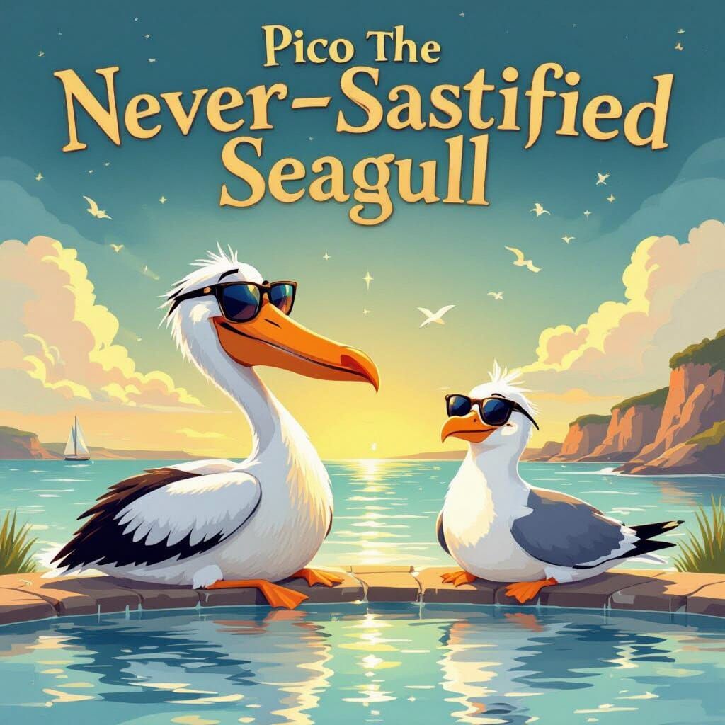 Whimsical Storybook Cover: Pelican and Seagull by Pool