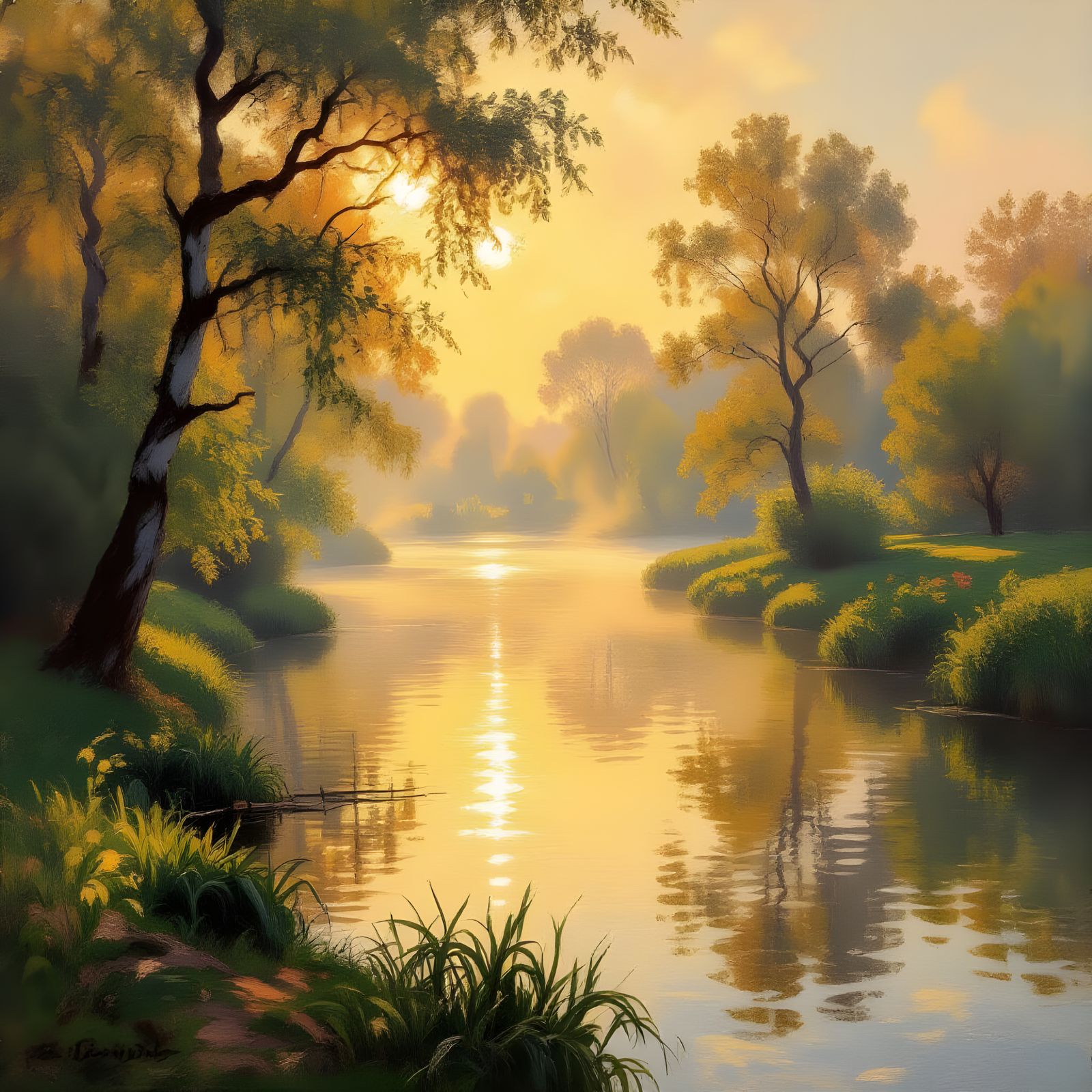 Sunlight Through Mist: Impressionist Painting with Golden Li...