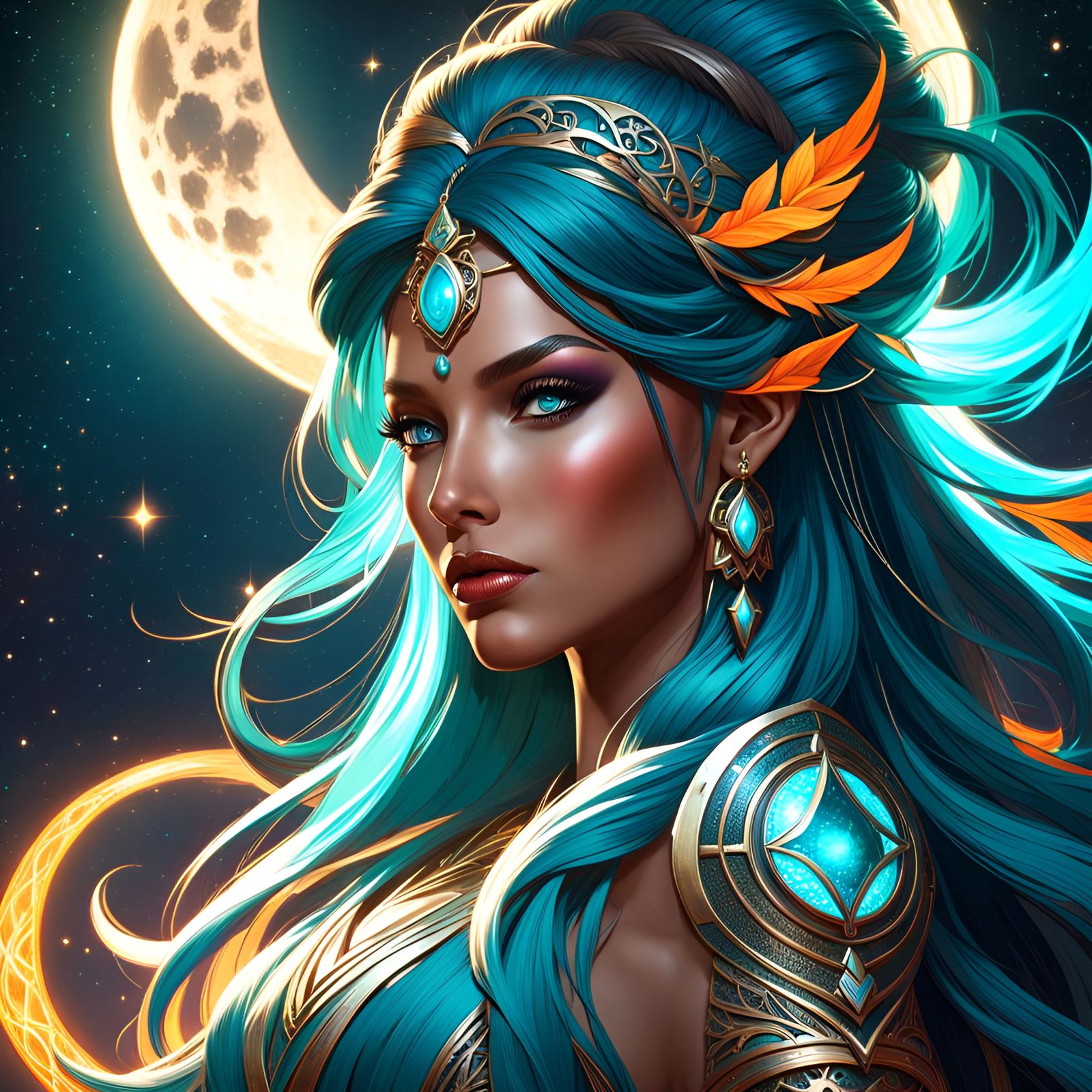 Enchantress, goddess, ethereal, moon, magical, sparkle, goregeous, long starlight hair, glowing tattoos