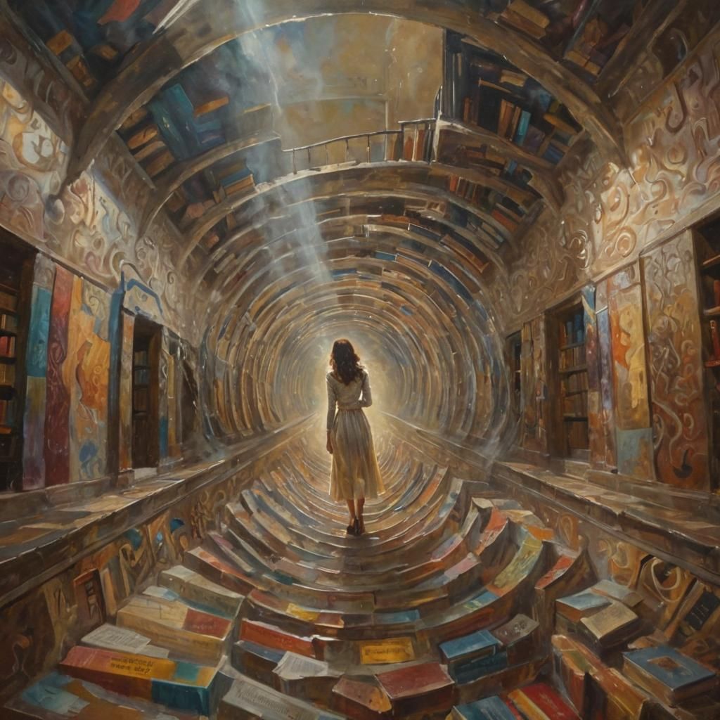 Surrealist Woman in Dreamlike Staircase Oil Painting