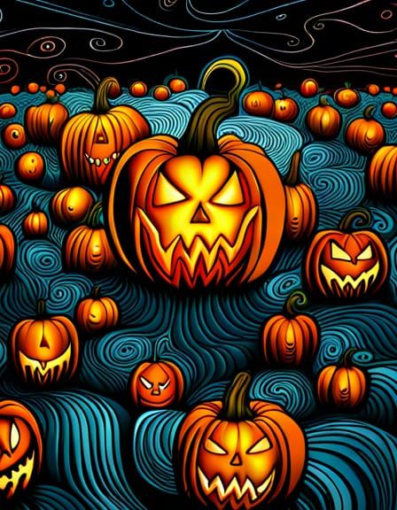 Abstract Fractal Pumpkin Patch with Jack-o-Lantern