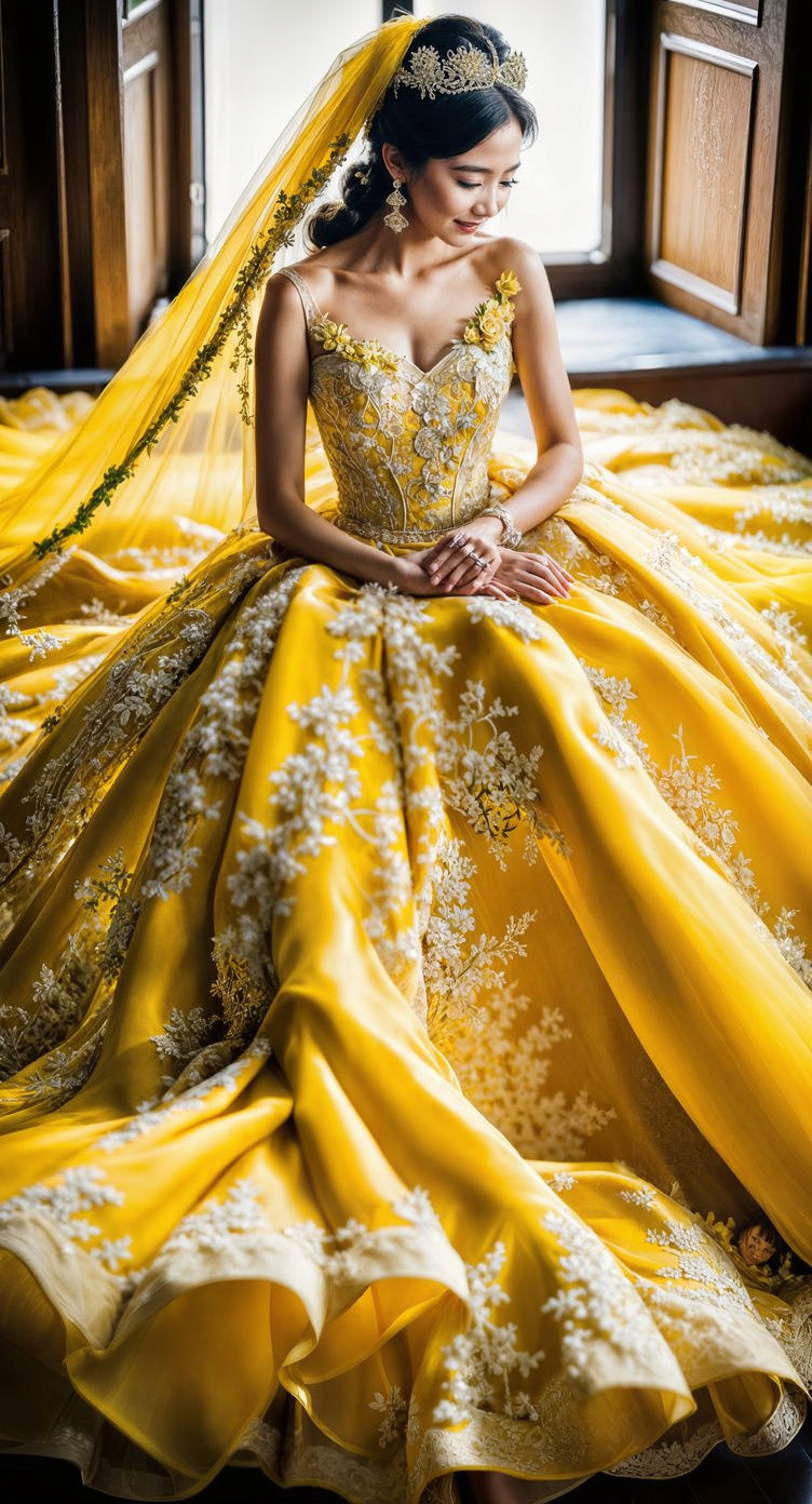 Bride in Yellow Gown with Watercolor Details