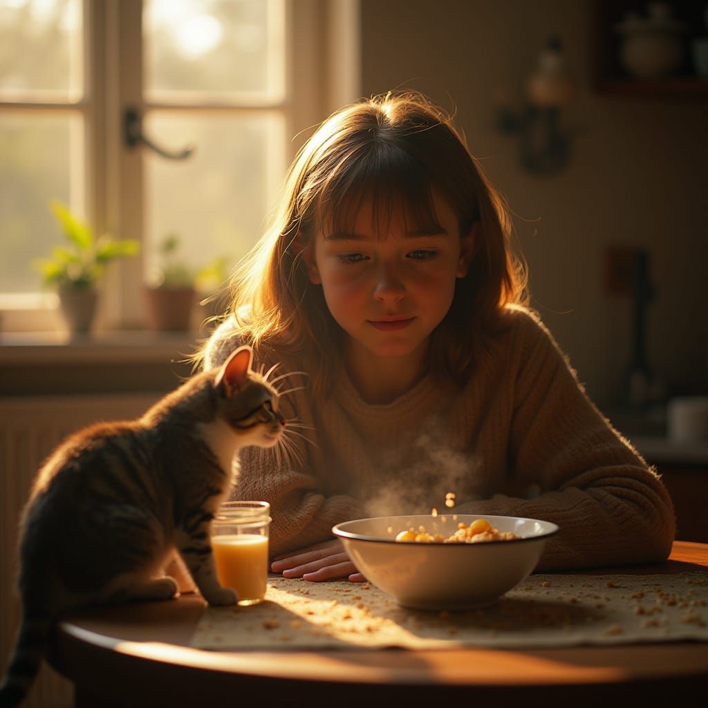 Teenage Girl Enjoying Breakfast with Curious Cat in Warm Mor...