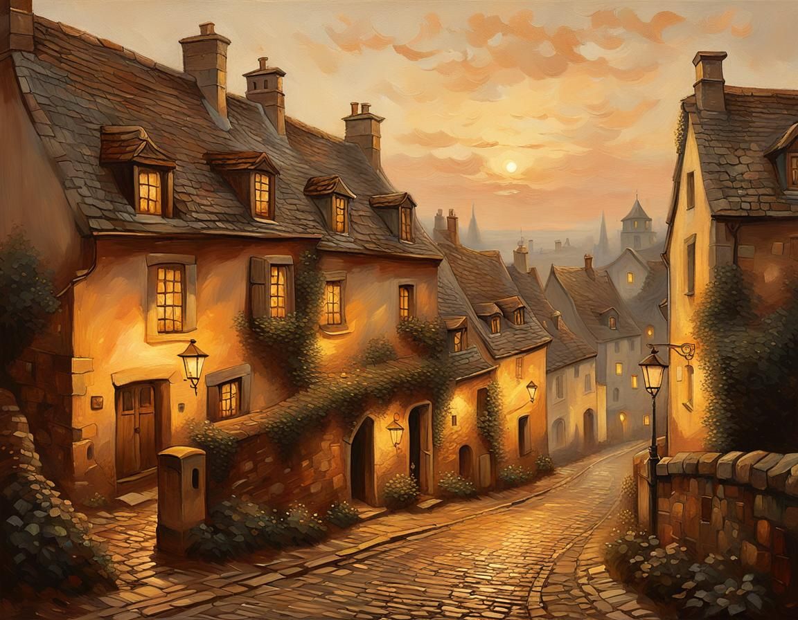 Quaint European Village at Twilight: Oil Painting