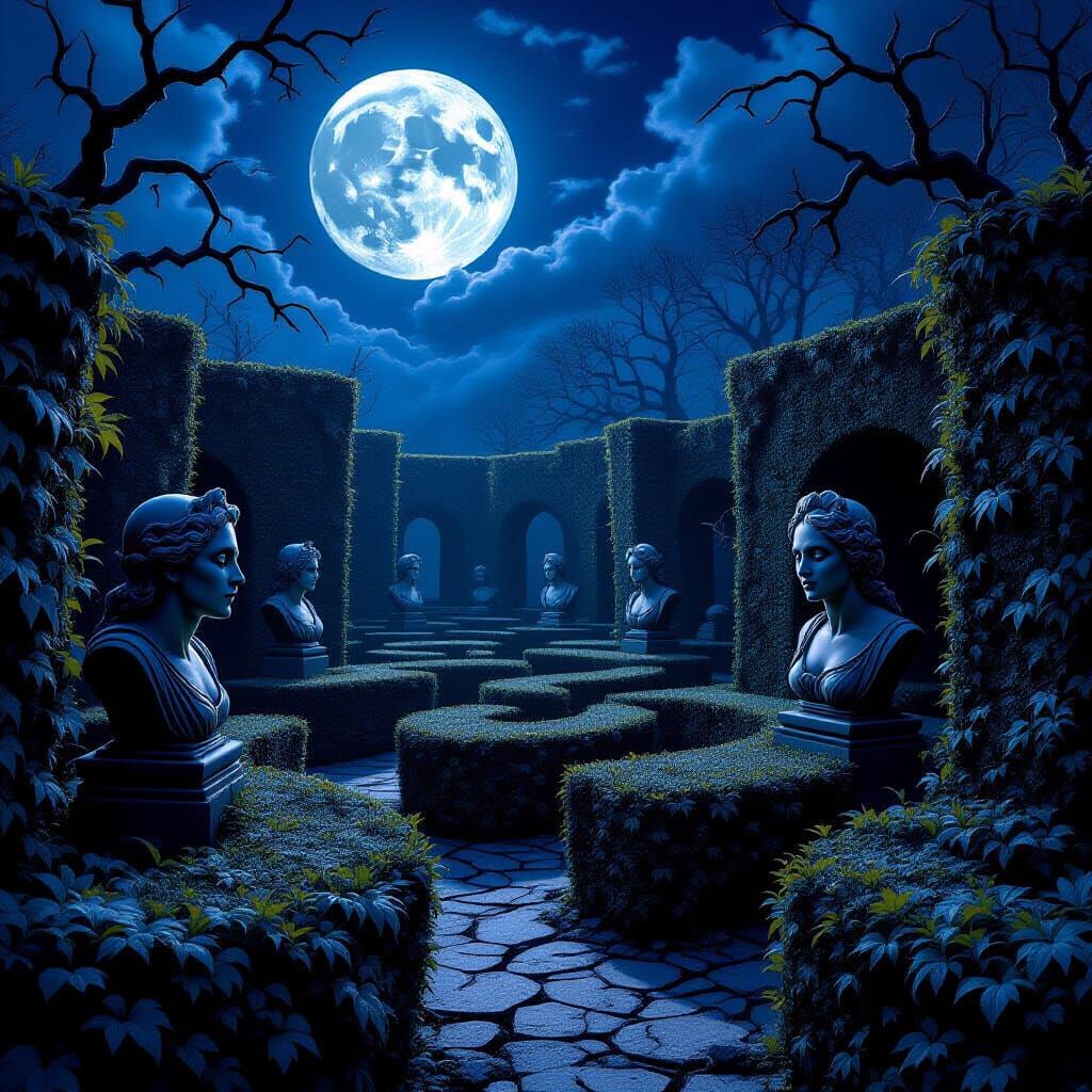 Moonlit Garden Maze in Gothic Horror Style