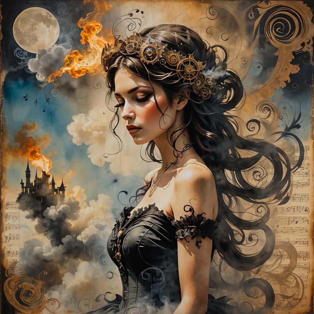 Fairy Woman on Burnt Music Sheet in Mixed Media