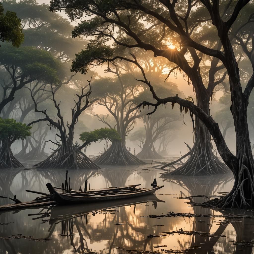 Mystical Mangrove Forest at Dawn, Matte Painting Style