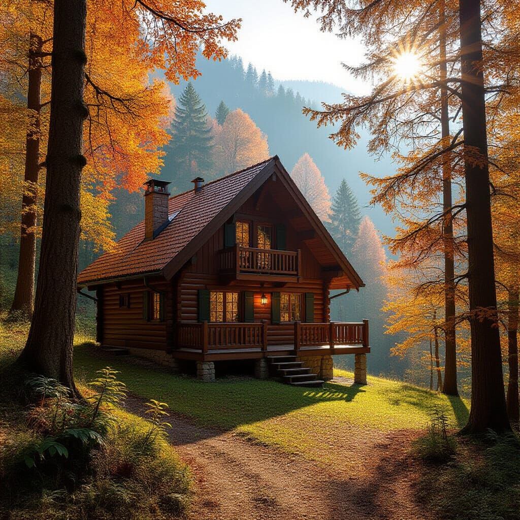 Charming Autumn Chalet in Sunlit Mountain Forest