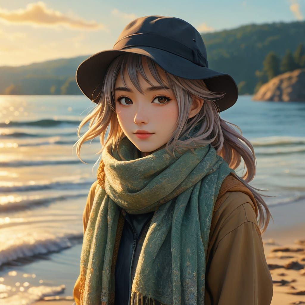 Anime Girl on Beach with Lake and Mountain