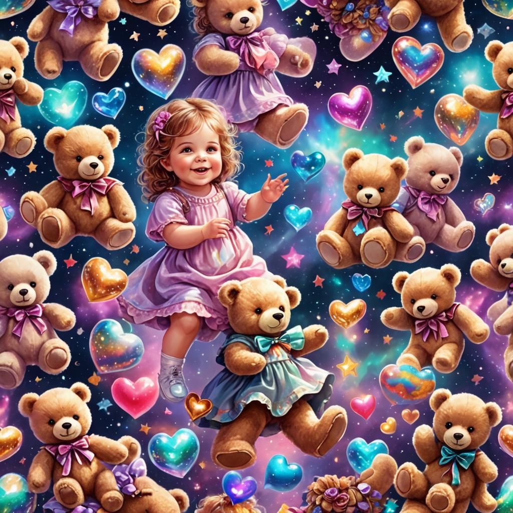 Baby Girls Playing with Teddy Bears: Cosmic Illustration