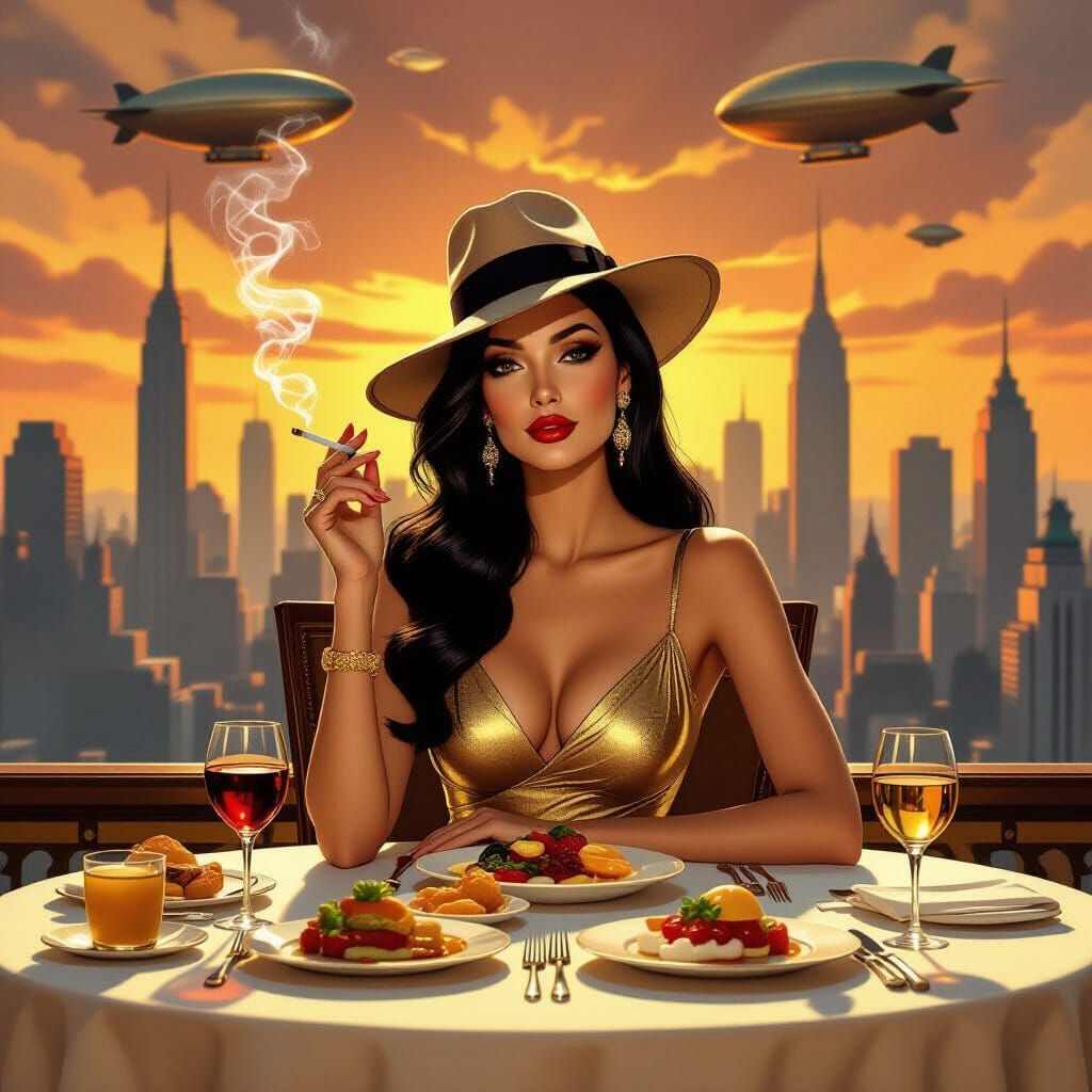 Art Deco Woman in Gold Dress at Glamorous Dining Table