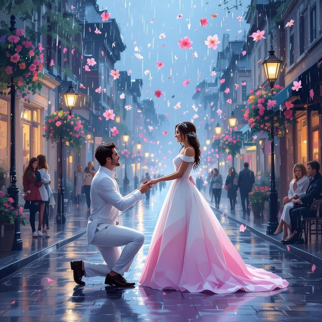 Romantic Rainy Day Proposal in Town Square