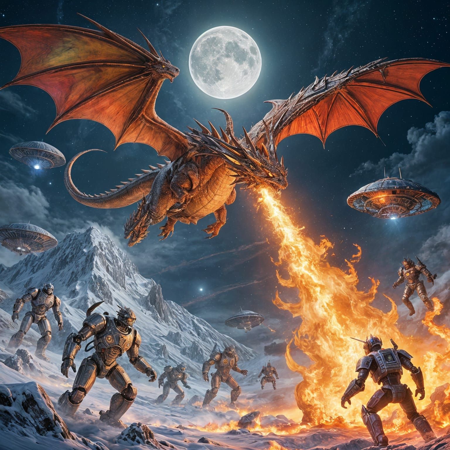 Rainbow Dragon Battles UFOs and Robots Over Mountains