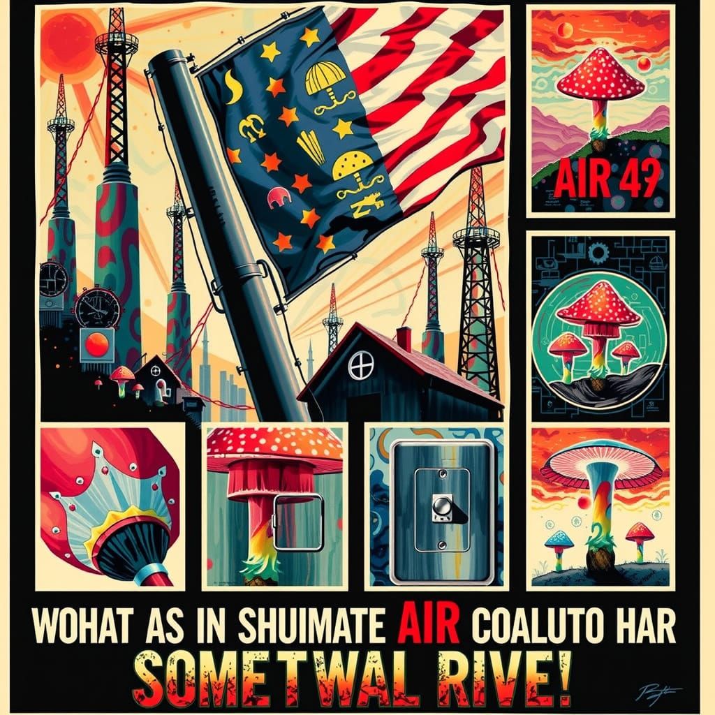 Surreal Hyperreal Scene with Giant Mushroom Flags and Modern...