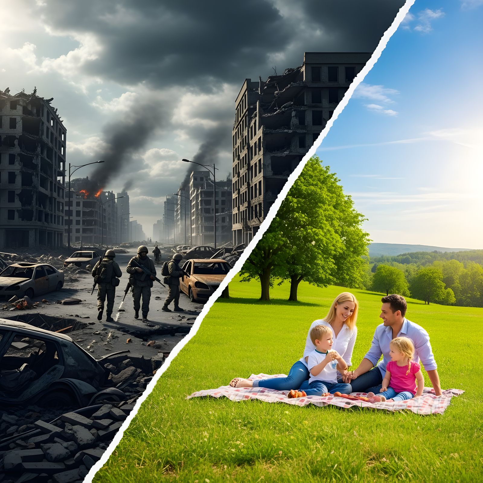 Contrasting Worlds: War and Peace Split Image