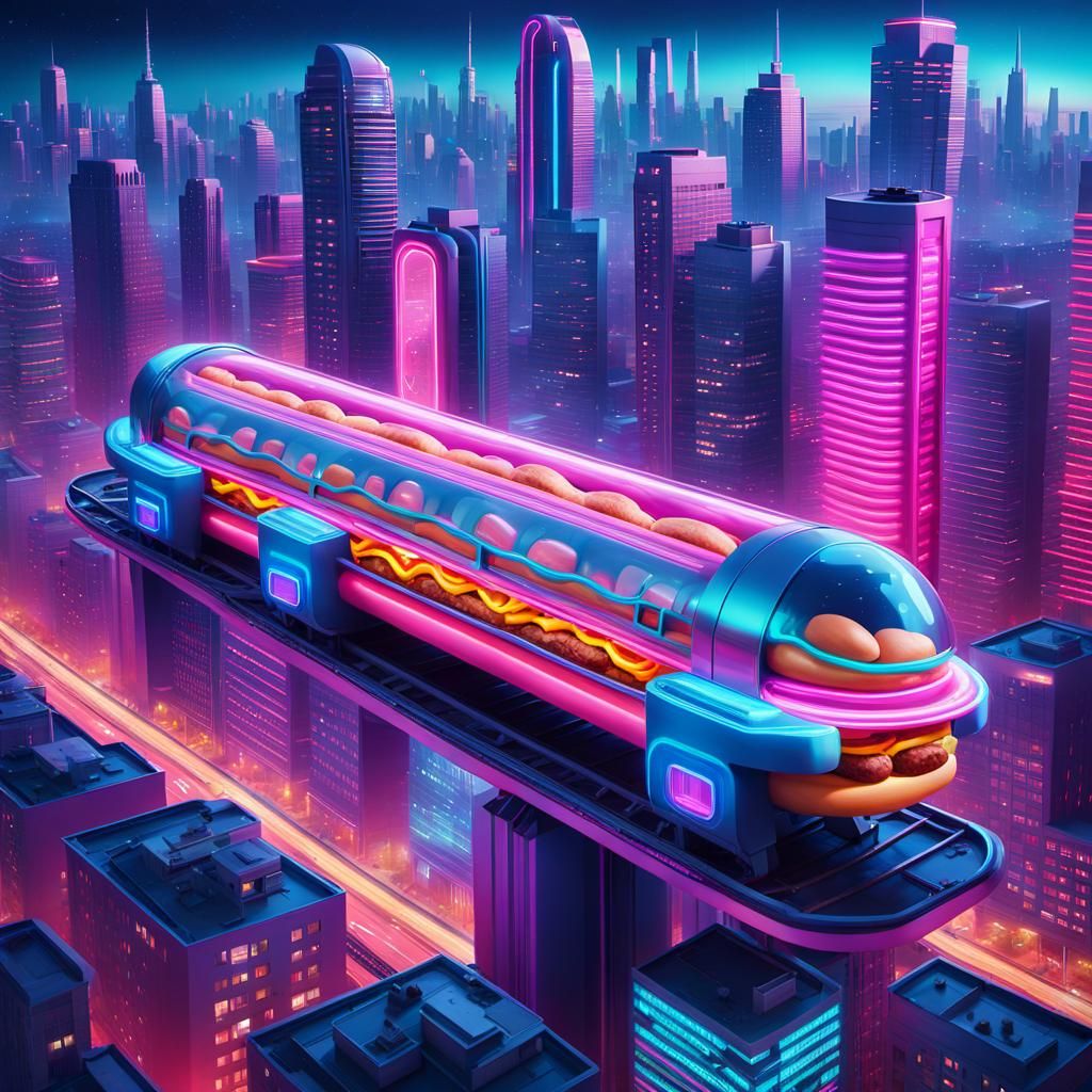 Neon Hotdog Train in Futuristic Cityscape