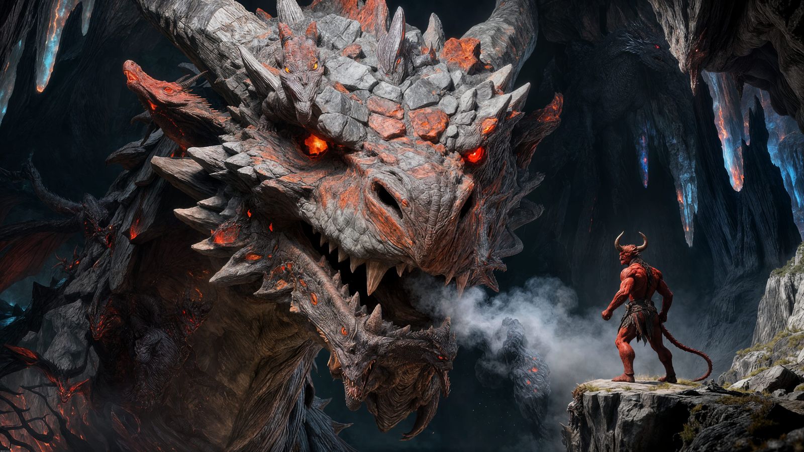 Colossal Dungeon Dragon Confronts Tiefling in Cave