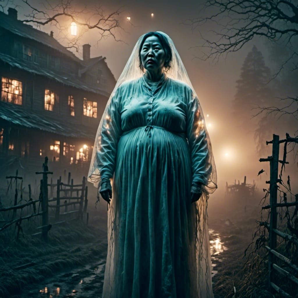 Ethereal Chinese Woman on Haunted Farm in Horror Style